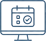A simple line drawing of a computer monitor displaying a calendar with two squares and a large checkmark, representing scheduling or an event marked as completed.