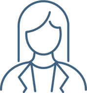 Simple blue line drawing of a faceless woman with long hair, wearing a jacket over a shirt, on a light gray background.
