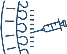 A simple line drawing shows a syringe with a needle pointing toward a virus, representing vaccination or an injection to prevent or treat viral infection.