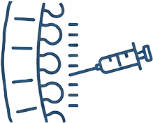 Simple line drawing of a syringe approaching a spiky circular shape, representing a virus, illustrating vaccination or immunization against viruses.