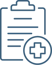 Outline icon of a clipboard with horizontal lines representing text and a medical cross symbol in a circle at the bottom right, indicating medical or health records.