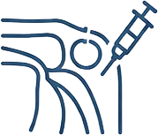 Line drawing of a shoulder joint receiving an injection from a syringe, indicating a medical procedure such as a vaccine or pain relief shot.