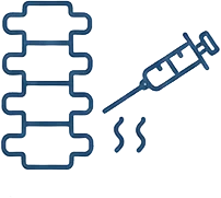A simple blue outline of a spine next to a syringe and two wavy lines, suggesting an injection for back pain or spinal treatment.