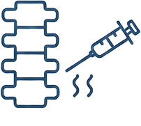 Outline of a human spine next to a syringe and wavy lines, suggesting an injection or medical treatment related to spinal pain or discomfort.