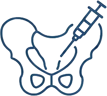 Line drawing of a pelvic bone with a syringe injecting into the hip joint, representing a medical procedure such as a hip injection or joint treatment.